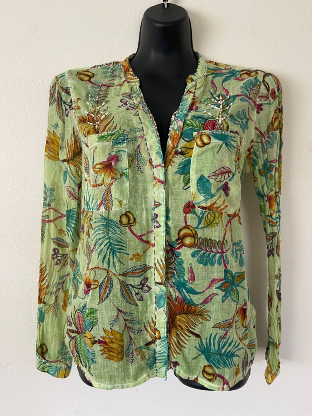 Light Green Floral Print Button-Front Women’s Blouse